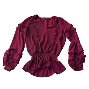 Lauren Ralph Lauren Blouse XS Burgundy Ruffle Fairycore Romantic